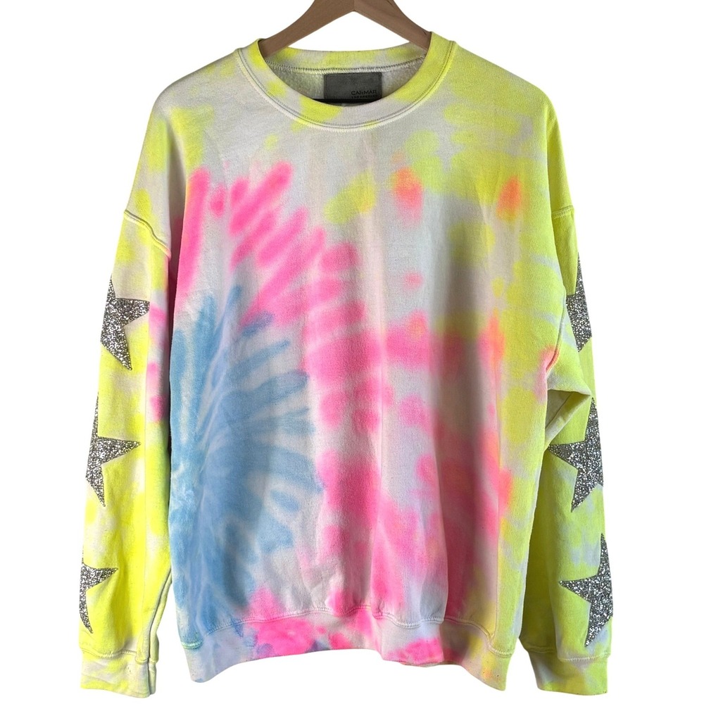 Carmar Sweatshirt Tie Dye Neon Yellow Pink Blue Women Medium Glitter Star Patch